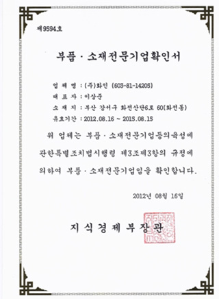 Certificate of Specialized Enterprise for Parts and Materials